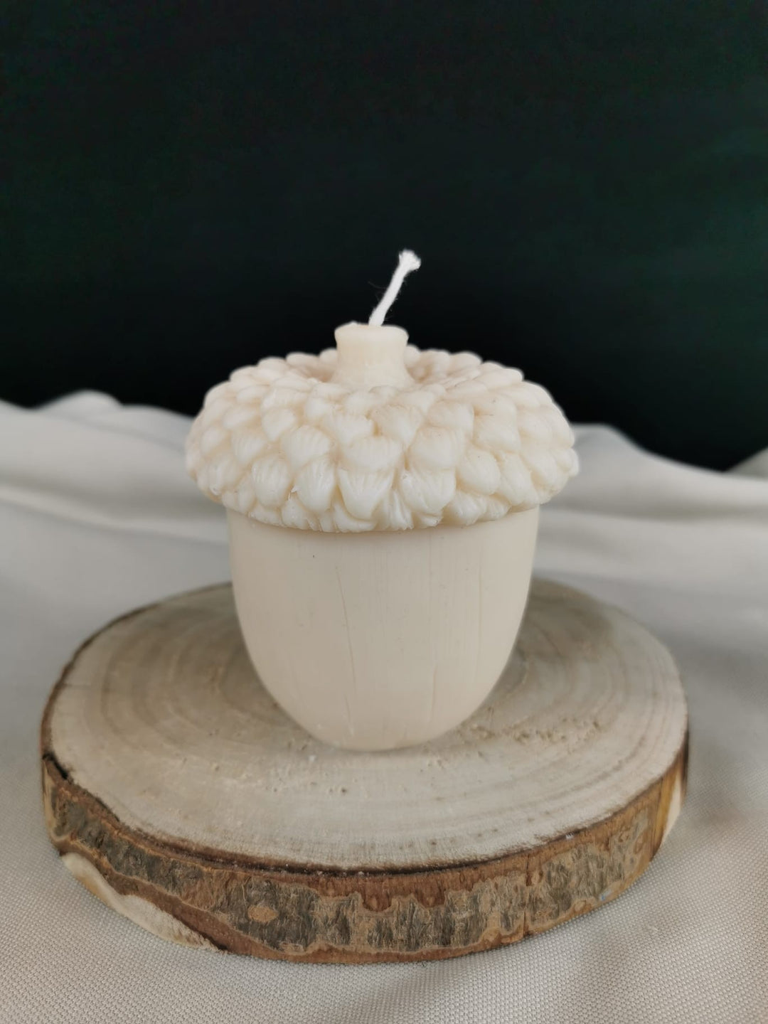 „Handgemachte naturfarbene Eichel-Kerze aus nachhaltigem Rapswachs auf Holzscheibe, dekorative Herbst- und Winterkerze.“