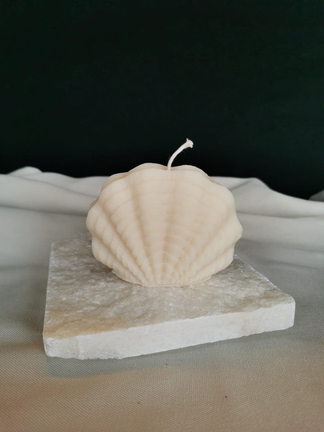 Weiße handgegossene Muschel Kerze aus Rapswachs, dekorativ auf einer hellen Natursteinplatte arrangiert.