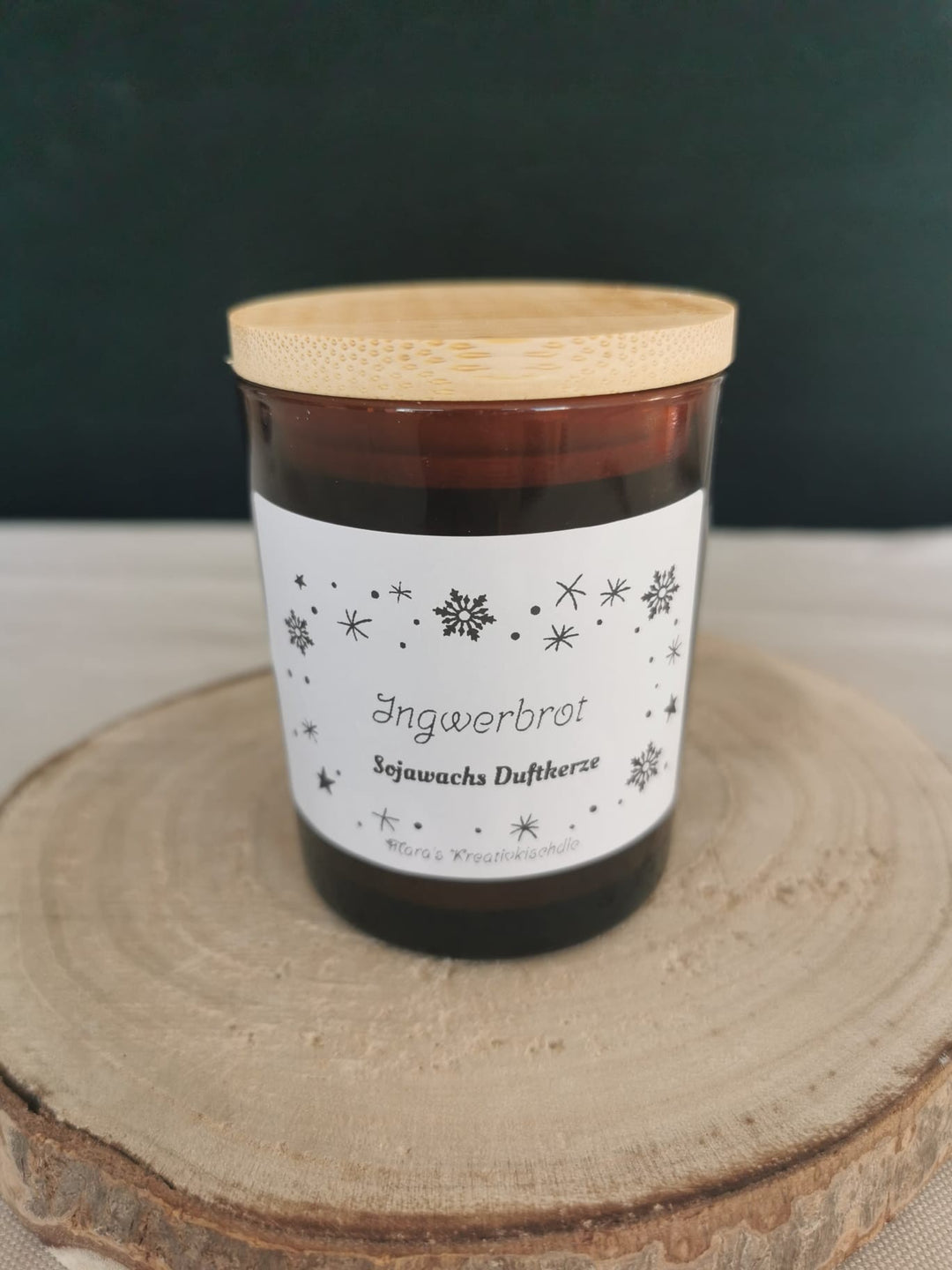 Ingwerbrot Sojawachs Duftkerze im Braunglas – handgegossen, winterlicher Gewürzduft, nachhaltige vegane Kerze mit Bambusdeckel